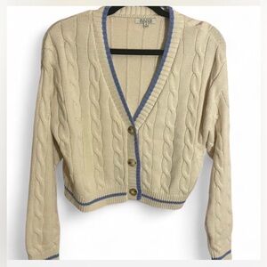 MAJOR Cream Beige Cable Knit Cardigan with Blue Accents New Medium